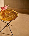 Sakura Black & Gold Hand-Painted Round Metal Tray with an Attached Stand