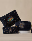Embroidered Evil Eye Navy Blue Velvet Utility Pouches - Set of 3