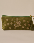 Embroidered Evil Eye Olive Green Velvet Utility Pouches Set of 3