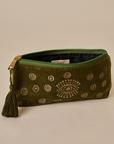 Embroidered Evil Eye Olive Green Velvet Pencil Pouch