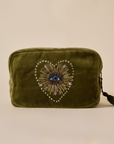 Embroidered Evil Eye Olive Green Velvet Makeup Pouch