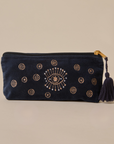 Embroidered Evil Eye Navy Blue Velvet Utility Pouches - Set of 3