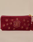 Embroidered Evil Eye Maroon Velvet Pencil Pouch