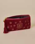 Embroidered Evil Eye Maroon Velvet Pencil Pouch