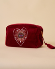 Embroidered Evil Eye Maroon Velvet Makeup Pouch