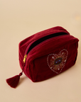 Embroidered Evil Eye Maroon Velvet Makeup Pouch