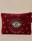 Embroidered Evil Eye Maroon Velvet Utility Pouches - Set of 3