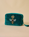 Embroidered Bumble Bee Teal Velvet Makeup Pouch