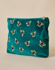 Embroidered Bumble Bee Teal Velvet Travel Pouch