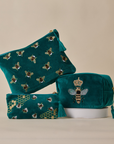 Embroidered Bumble Bee Teal Velvet Utility Pouches - Set of 3