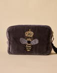 Embroidered Bumble Bee Grey Velvet Makeup Pouch