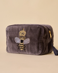 Embroidered Bumble Bee Grey Velvet Makeup Pouch