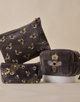Embroidered Bumble Bee Grey Velvet Utility Pouches - Set of 3