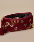 Embroidered Bumble Bee Maroon Velvet Pencil Pouch