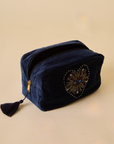Embroidered Evil Eye Navy Blue Velvet Makeup Pouch
