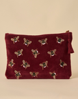 Embroidered Bumble Bee Maroon Velvet Travel Pouch