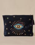 Embroidered Evil Eye Navy Blue Velvet Travel Pouch