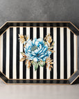 Peony Hand-Painted Floral Blue Motif Black & White Striped Metal Serving Tray
