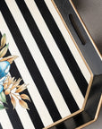 Peony Hand-Painted Floral Blue Motif Black & White Striped Metal Serving Tray