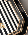 Peony Hand-Painted Floral Blue Motif Black & White Striped Metal Serving Tray