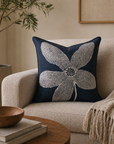 Large Flower Print Navy Blue Cotton Cushion Cover