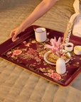 Rosa Maroon Hand-Painted Rectangular Metal Tray with an Attached Stand