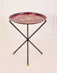 Rosa Maroon Hand-Painted Round Metal Tray with an Attached Stand