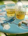 Magnolia Light Blue Hand-Painted Round Metal Tray with an Attached Stand