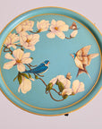 Magnolia Light Blue Hand-Painted Round Metal Tray with an Attached Stand
