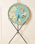 Magnolia Light Blue Hand-Painted Round Metal Tray with an Attached Stand