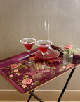 Rosa Maroon Hand-Painted Rectangular Metal Tray with an Attached Stand