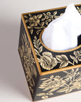 Peony Black Hand-Painted Square Metal Tissue Box Cover