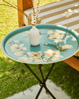 Magnolia Light Blue Hand-Painted Round Metal Tray with an Attached Stand