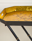 Sakura Black & Gold Hand-Painted Rectangular Metal Tray with an Attached Stand