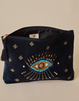 Embroidered Evil Eye Navy Blue Velvet Travel Pouch