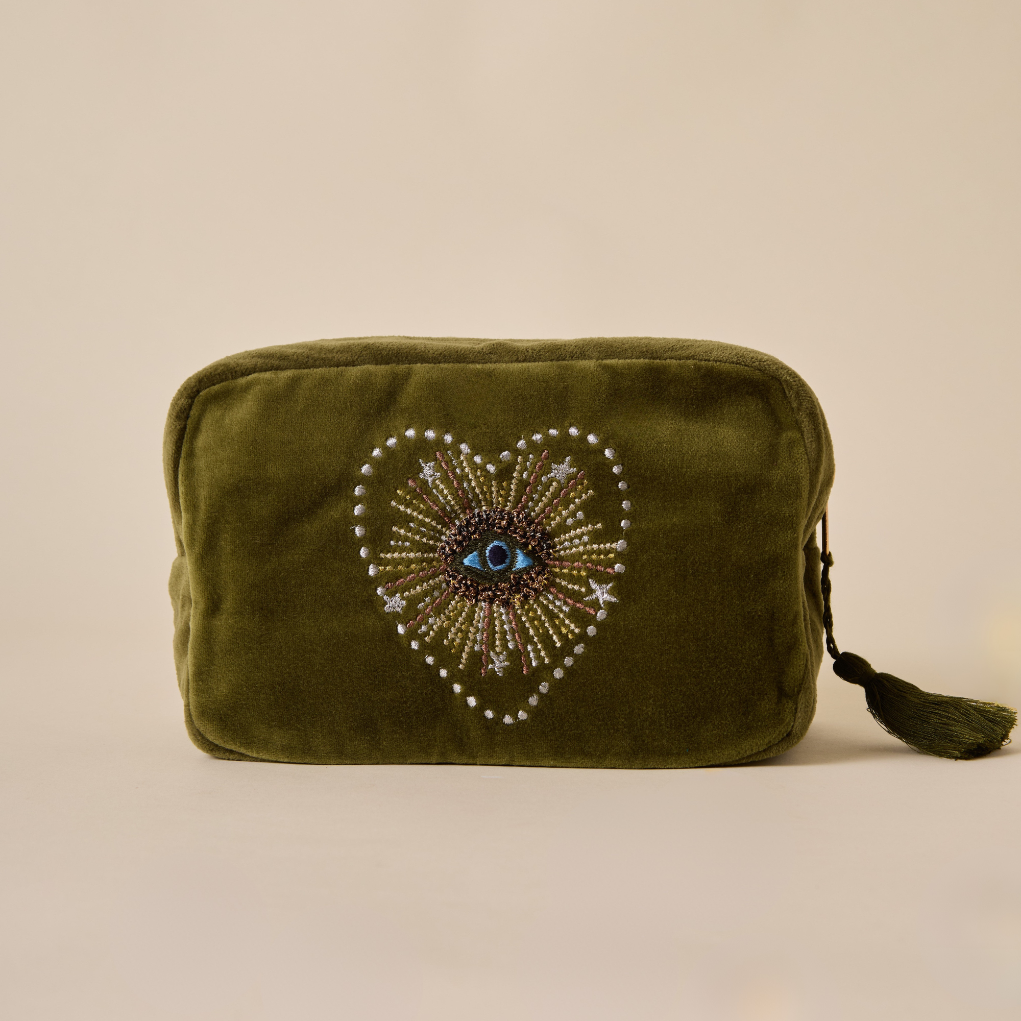 Embroidered Evil Eye Olive Green Velvet Utility Pouches Set of 3