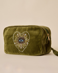 Embroidered Evil Eye Olive Green Velvet Makeup Pouch