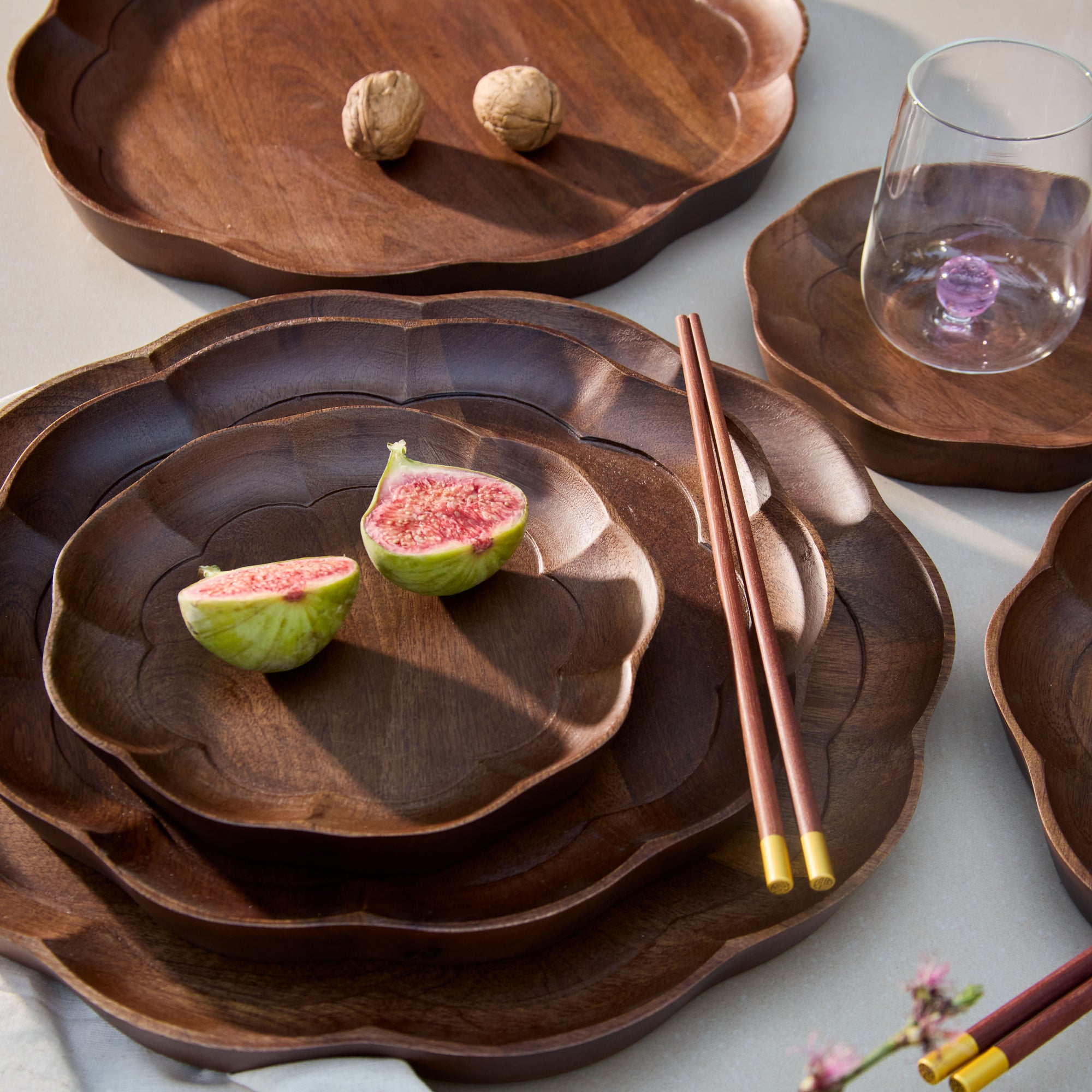 Sakura Brown Wooden Round Serving Trays - Set of 3