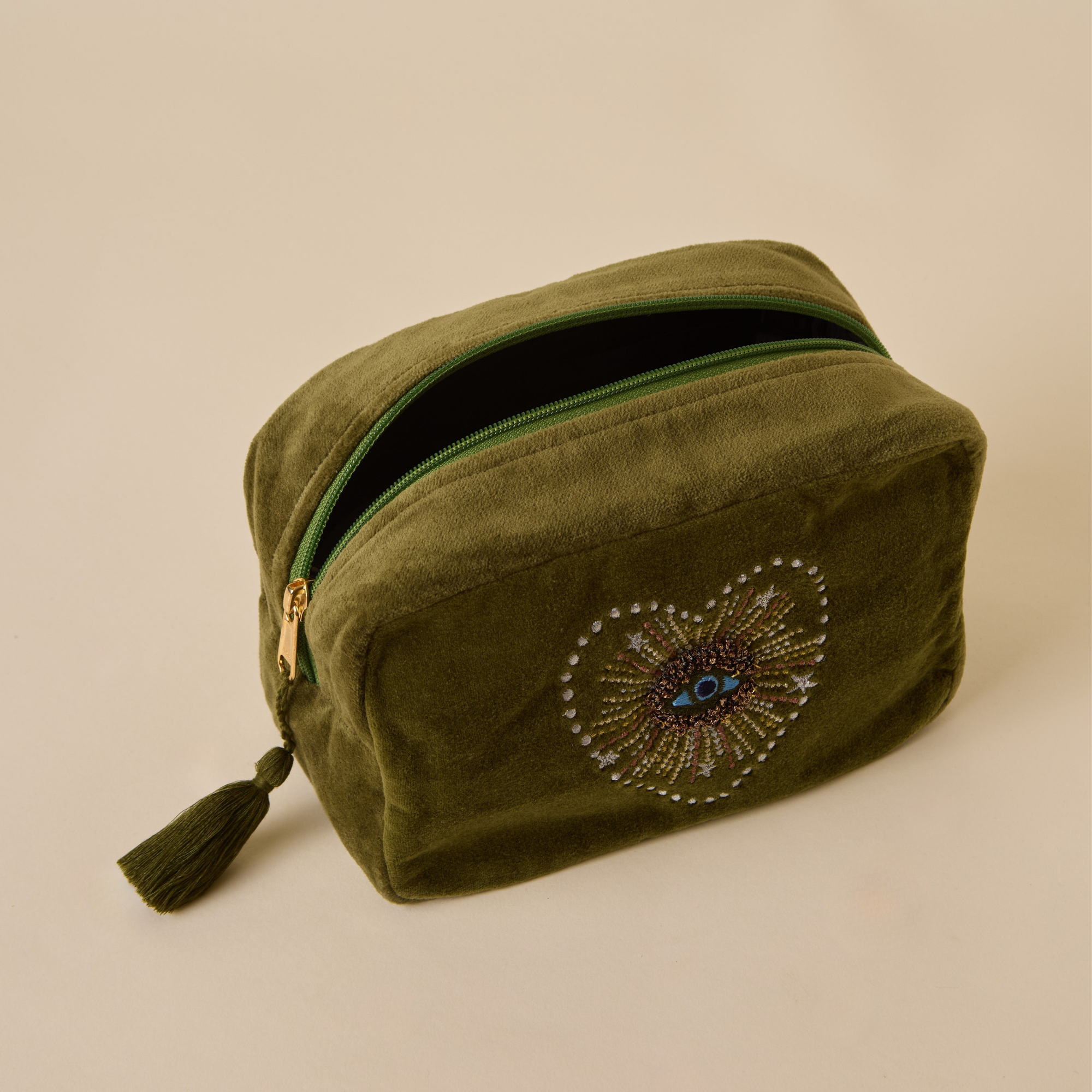 Embroidered Evil Eye Olive Green Velvet Makeup Pouch