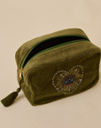 Embroidered Evil Eye Olive Green Velvet Makeup Pouch
