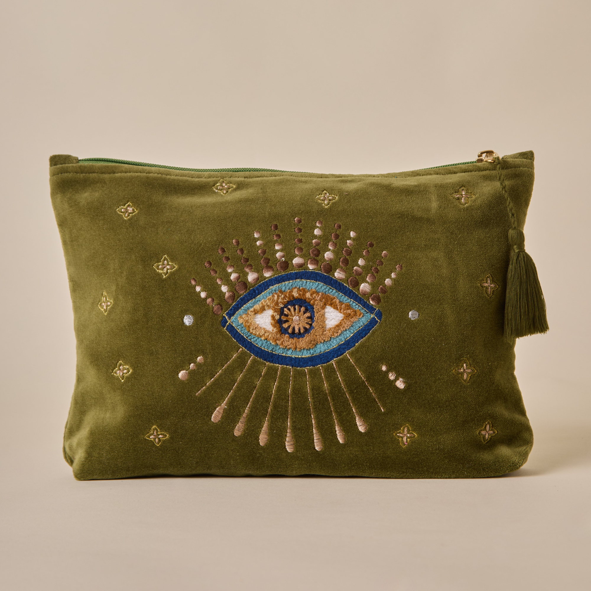 Embroidered Evil Eye Olive Green Velvet Utility Pouches Set of 3