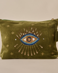 Embroidered Evil Eye Olive Green Velvet Utility Pouches Set of 3