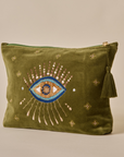 Embroidered Evil Eye Olive Green Velvet Travel Pouch