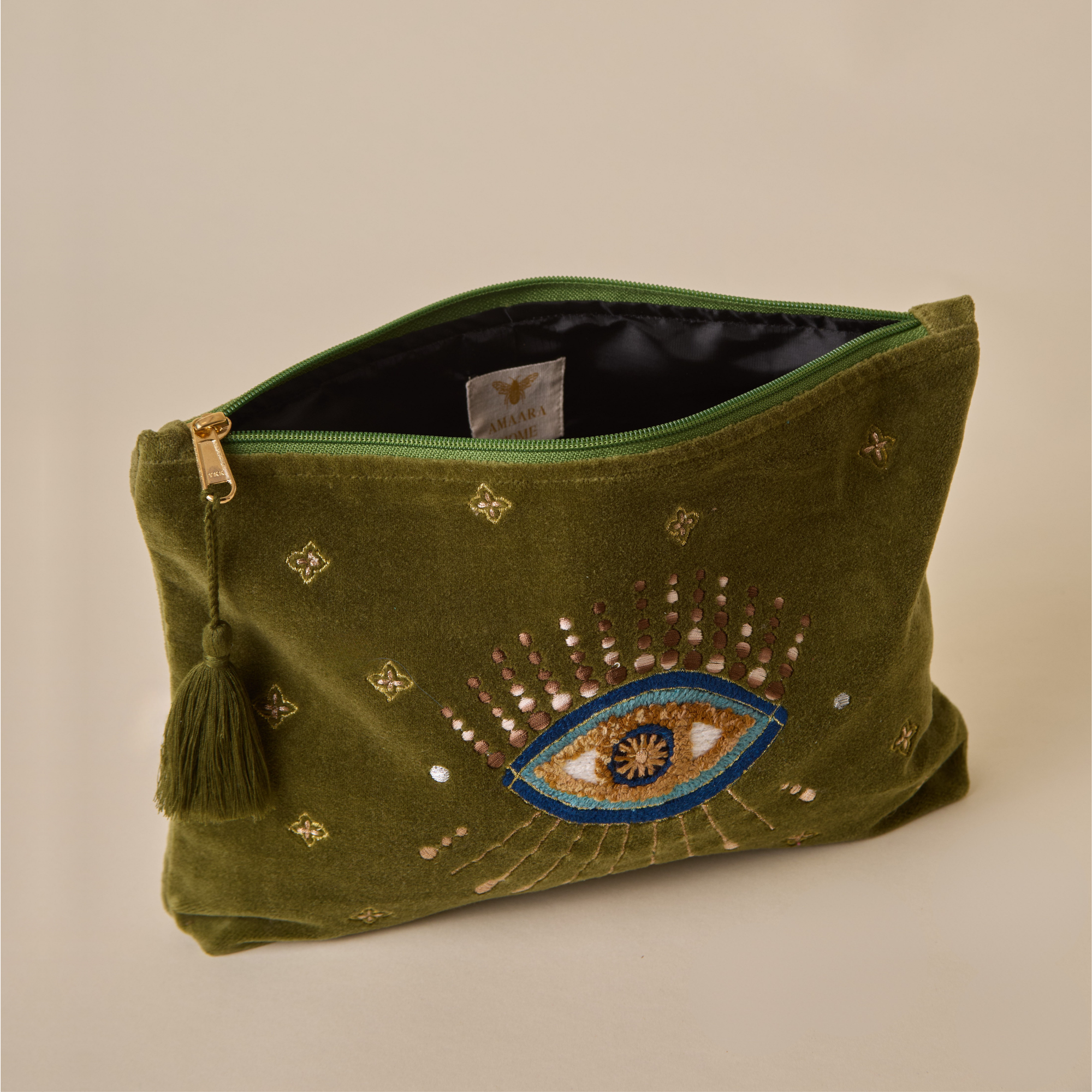 Embroidered Evil Eye Olive Green Velvet Travel Pouch