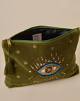 Embroidered Evil Eye Olive Green Velvet Travel Pouch