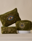 Embroidered Evil Eye Olive Green Velvet Utility Pouches Set of 3