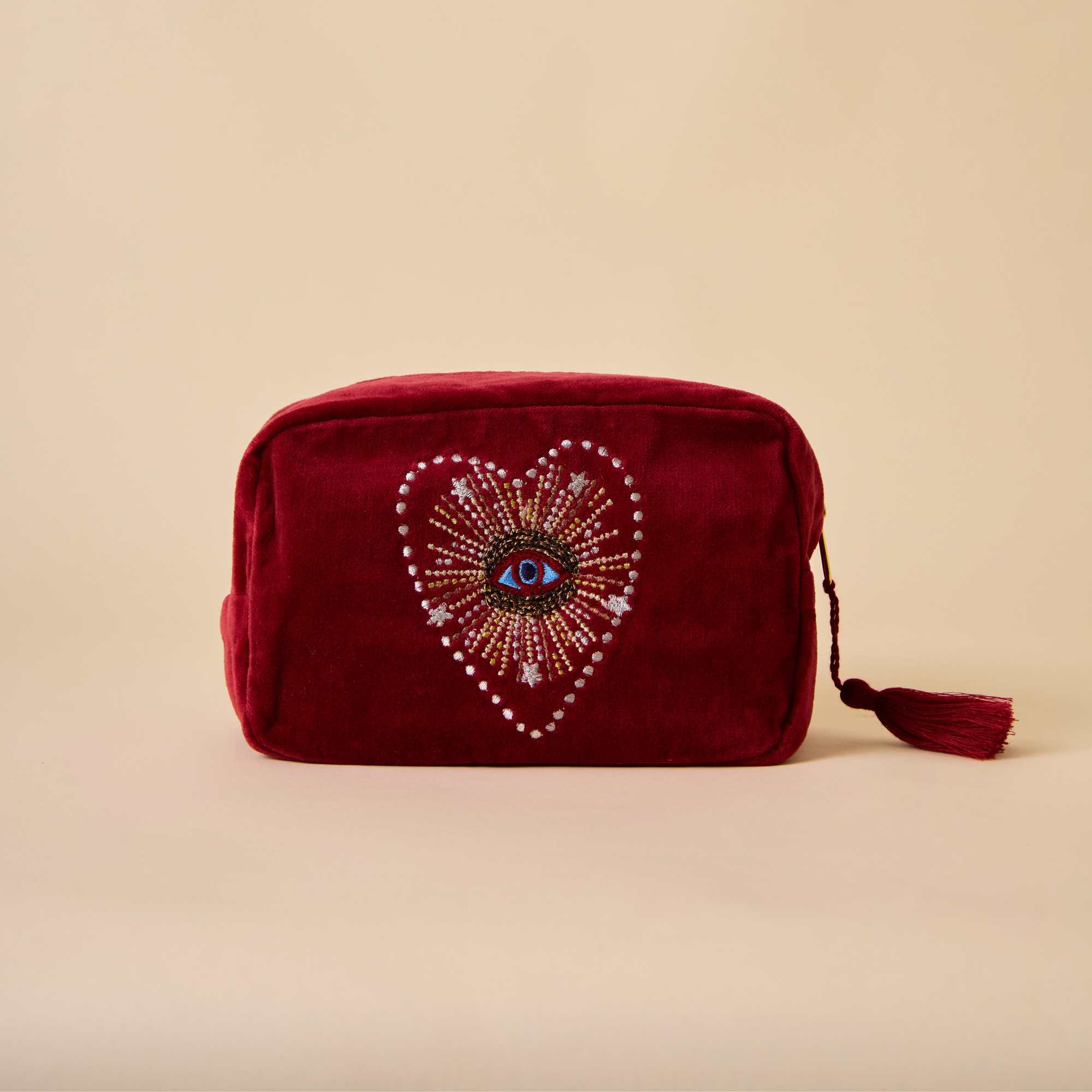 Embroidered Evil Eye Maroon Velvet Utility Pouches - Set of 3