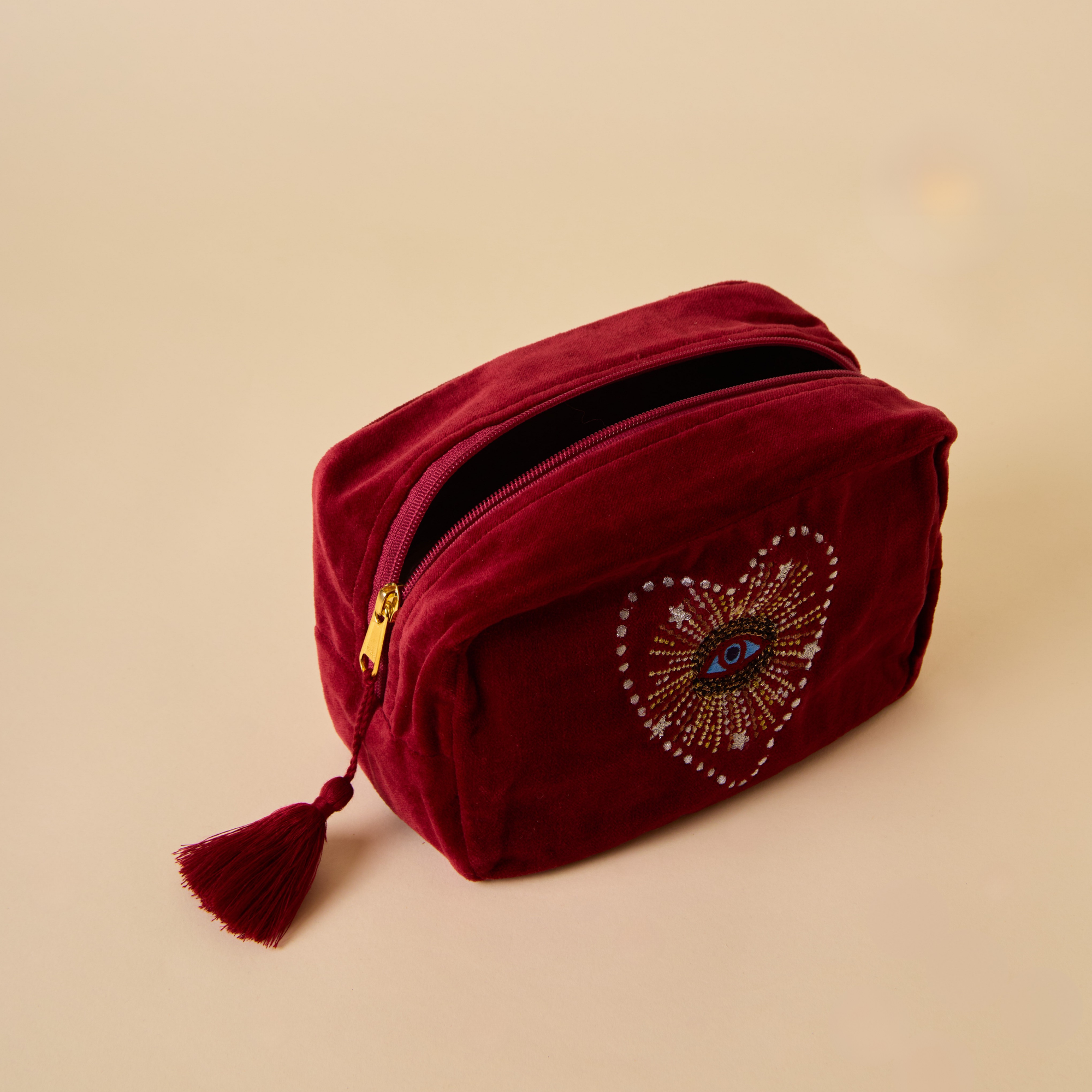 Embroidered Evil Eye Maroon Velvet Makeup Pouch