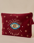 Embroidered Evil Eye Maroon Velvet Travel Pouch