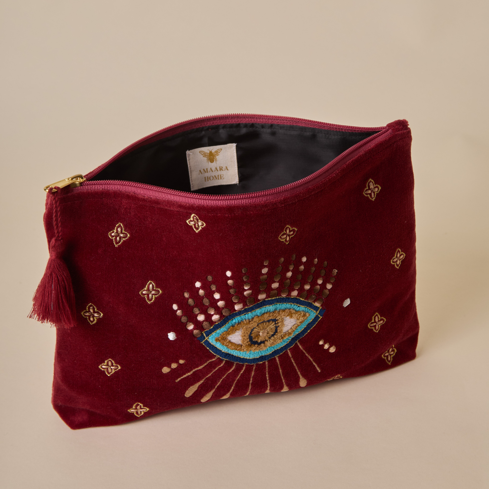 Embroidered Evil Eye Maroon Velvet Travel Pouch